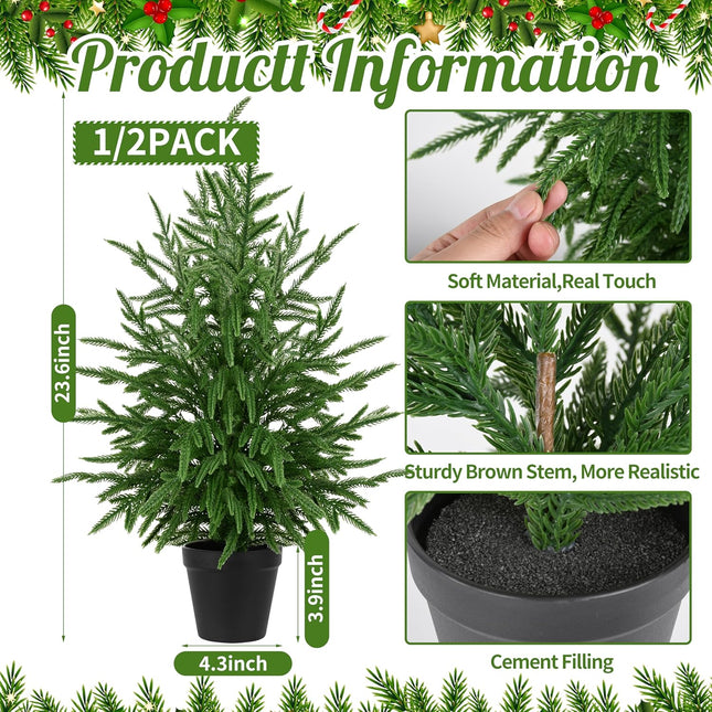 Christmas Norfolk Pine Tree Artificial Greenery Norfolk Pine Tree with Pot Green Faux Christmas Tree UV Resistant Potted Fake Plants for Front Porch Indoor Outdoor Home Party Decor (2)