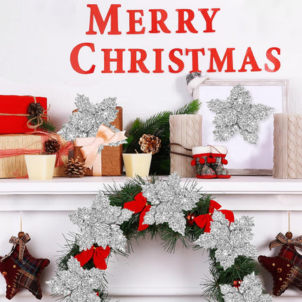 Sggvecsy 10 Pcs Christmas Glitter Flowers 9.8inch Christmas Tree Ornaments Shining Artificial Poinsettia Stems Floral Picks for Xmas Holiday Wedding Wreath Party Floral Decorations(Silver)