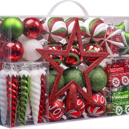 Valery Madelyn Christmas Ornaments Set, 100ct Red Green White Shatterproof Christmas Tree Decorations Variety Ball Ornaments Bulk, Whimsical Hanging Ornaments for Xmas Trees Holiday Party Decor