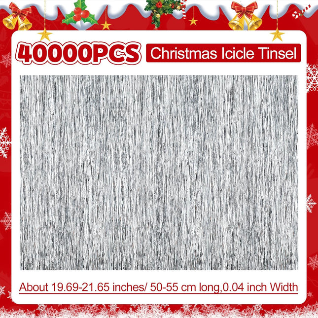 Timgle 40000 Pcs Icicle Tinsel Strands for Christmas Tree Tinsel Foil Fringes Shiny Icicles Garland for Christmas Tree Party Decor Birthday Supplies (Silver)