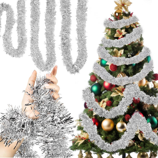 Shappy 196.8 Feet 6 Rolls Christmas Tinsel Garland Glitter Metallic Twist Garland for Xmas Tree Wedding Birthday Party Supplies Hanging Decorations(Silver)