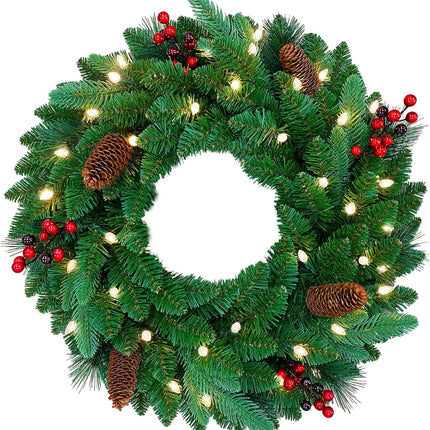 26 inches Pre-lit Artificial Christmas Wreath with Red Berries, Pine Cones, 40 C3 Dual-Color Multi-Functional Battery Operated LED Lights with Timer