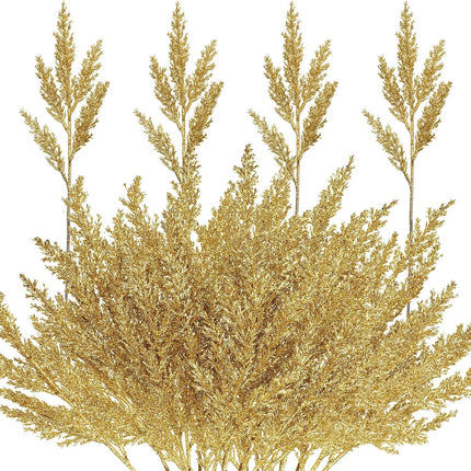 12 Pcs Christmas Artificial Pine Needles Faux Cedar Branches 17 Inch Glitter Fake Foliage Pine Stems Picks Christmas Tree Ornaments for DIY Xmas Garland Wreath Crafts Decoration(Gold)