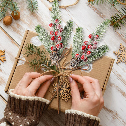 Sggvecsy 6 Pack Snow Frosted Christmas Berries Pine Picks Artificial Red Berry Pine Branches Faux Pine Stem with Pine Cones for Xmas Tree Wreath DIY Craft Floral Arrangement Holiday Decor (Red)