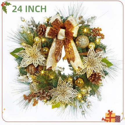 24 Inch Christmas Wreath with Lights, Battery Operated Outdoor Christmas Wreath for Front Door with 20 LED Lights Timer Gold Ball Ornaments Pine Cones and Bow for Home Holiday Decor