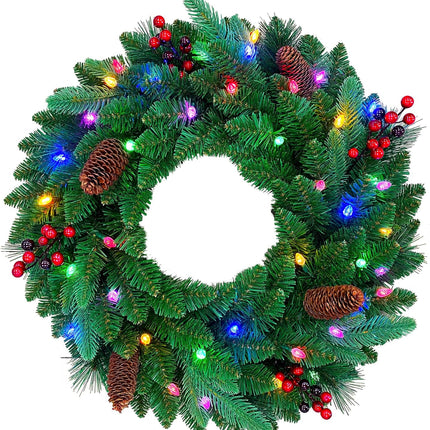 26 inches Pre-lit Artificial Christmas Wreath with Red Berries, Pine Cones, 40 C3 Dual-Color Multi-Functional Battery Operated LED Lights with Timer