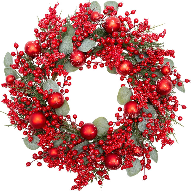 VGIA 20 Inch Christmas Wreath for Front Door Snowy Winter Wreath Christmas Decorations with Christmas Balls Artificial Red Berry Wreath with Pine Needles for Indoor Outdoor Xmas Decor