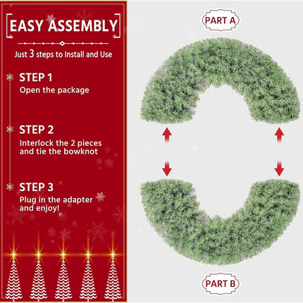 Yaheetech 48in Large Artificial Christmas Wreath, Pre-lit Holiday Accent Decoration with Red Bow, 200 LED Lights & 720 PVC Tips, Metal Structure for Door Wall & Mantel