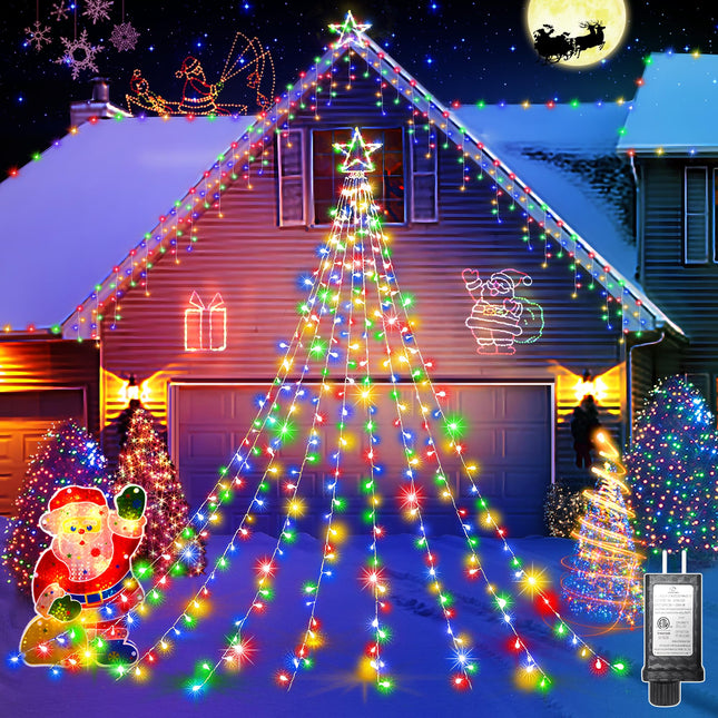 XURISEN Outdoor Christmas Decorations Star Light,11.8 ft 337 LED Waterfall Tree Lights with Topper Star String Lights Plug in, 8 Modes Christmas Lights for Party Home Holiday Decor(Multicolor)