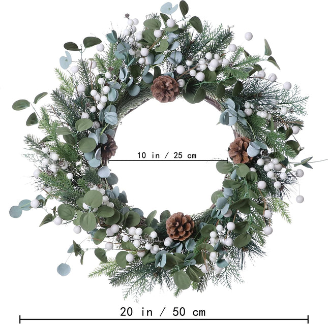 J'FLORU Christmas Wreaths for Front Door 20 Inch Artificial Christmas Wreath White Winter Wreath with Berries Pine Cones Pine Needles for Xmas Winter Holidays