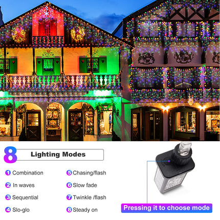DDMY Christmas Lights Outdoor Decorations 416 LEDs 34 FT 8 Modes Curtain String Light with 78 Drops, Waterproof Clear Wire LED Light for Christmas Party Decor, House, Garden, Yard Decoration