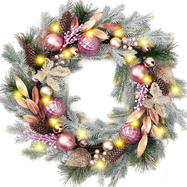 Decorbyhannah Collapsible Christmas Wreath, 24 inch Christmas Wreaths for Front Door with Lights, Artificia Reef Indoor Outdoor Decorations Pinecone Ornaments for Table Window (Pink & Gold)