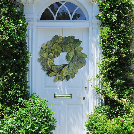 30" Faux Magnolia Leaf Wreath - 2-Tone Green Artificial Boho Wreaths for Front Door, Kitchen, Home- Polyester, Metal Wire, Tape - Farmhouse Decor for Christmas, Wedding, Baby Shower