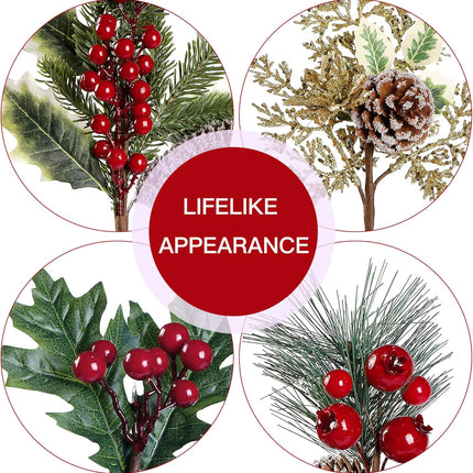 Sggvecsy 20 Pack 10 Kinds Artificial Christmas Picks Assorted Red Berry Picks Stem Faux Pine Picks Spray with Pinecones Holly Leaves for Floral Arrangement Wreath Winter Holiday Season Decor