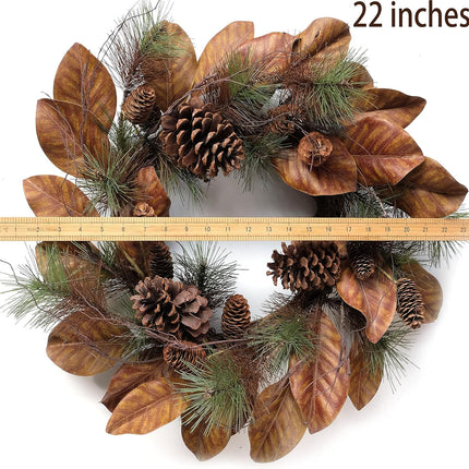 22" Artificial Christmas Wreaths, Winter Magnolia Leaf Large Pine Cones and Pine Needle Wreaths, Interior and Exterior Decor Front Door Window Decorations
