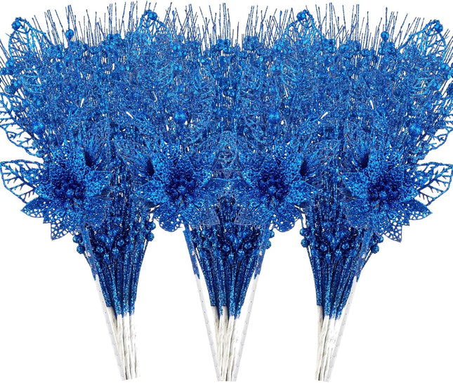 24 Pack Christmas Tree Ornaments - Artificial Flowers Glitter Berry Stems Christmas Floral Picks Branches for Xmas Tree Decorations Vase Filler Holiday Wedding Party Home Decor (Blue)