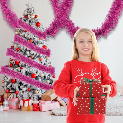32.8 Ft Pink Christmas Tinsel Garland Metallic Shiny Tassle Banner Wall Hanging Tinsel Streamers Backdrop for Christmas Holiday Birthday Party Supplies Indoor Outdoor Ornaments Home Decor