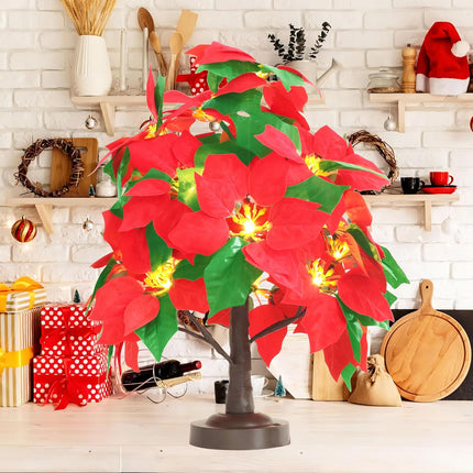Mycznsyard Red Poinsettia Tree Light 18 LED Tabletop Christmas Artificial Tree Light 8 Modes 6 Hrs Timer USB/Battery Operated Decorative Lamp for Party Wedding Holiday Christmas (Warm White)