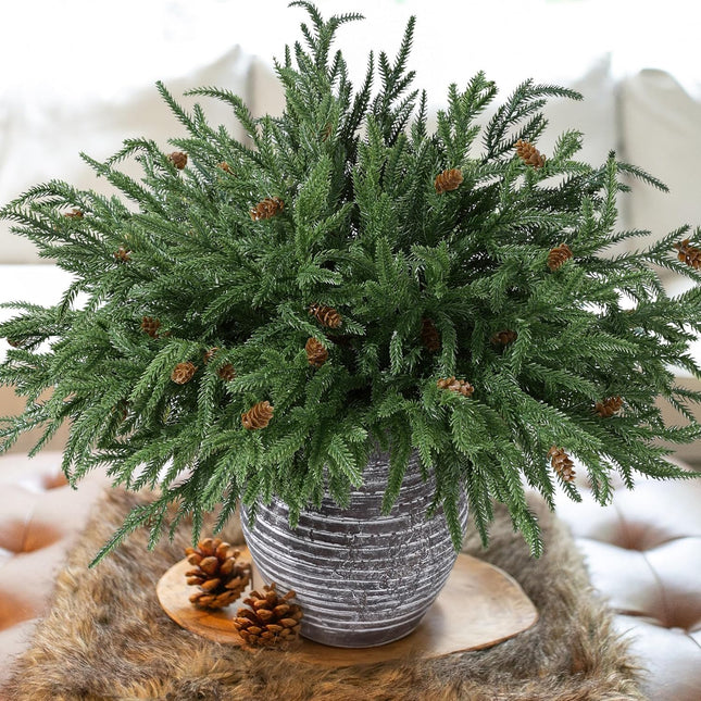 Artificial Christmas Norfolk Pine Stems Branches for Vases,12 Bundles Fake Faux Evergreen Green Real Feel Touch Stem Greenery with Pine Cones for Xmas Holiday Winter Table Indoor Decoration