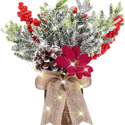 Watayo Artificial Burlap Small Christmas Tree Tabletop Decoration with Lights- 10" x 3" Mini Potted Christmas Tree Table Decoration with Red Berry Pine Cones for Home Room Mantel Party Xmas Decor