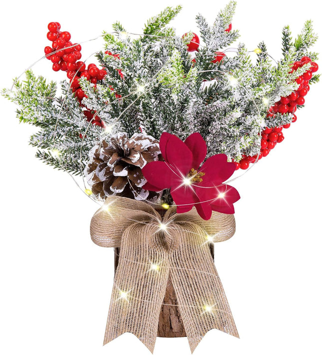 Watayo Artificial Burlap Small Christmas Tree Tabletop Decoration with Lights- 10" x 3" Mini Potted Christmas Tree Table Decoration with Red Berry Pine Cones for Home Room Mantel Party Xmas Decor