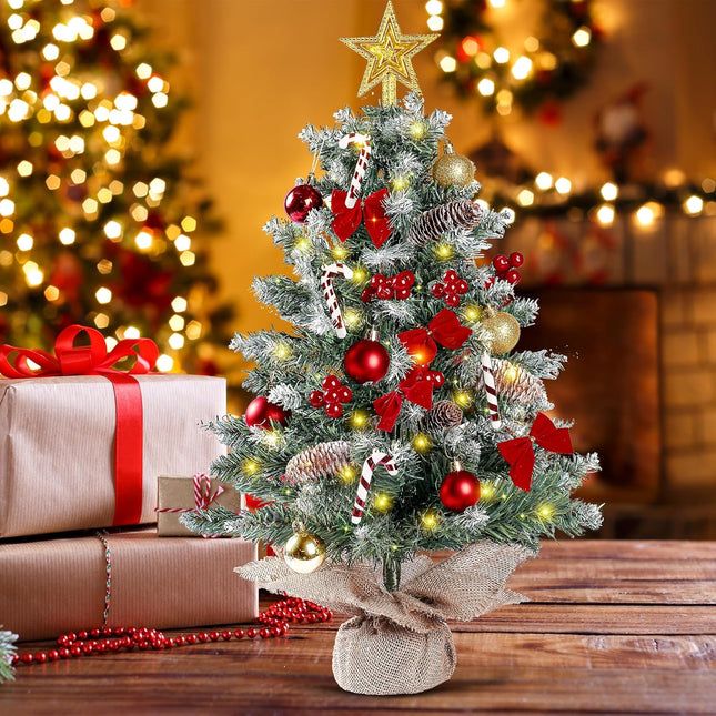 Sggvecsy 23.6’’ Mini Snow Frosted Christmas Tree Table Top Lighted Artificial Xmas Tree Star Treetop Pine Cones Red Bows Balls Candy Canes Red Berries Hanging Ornaments DIY Holiday Indoor Decorations