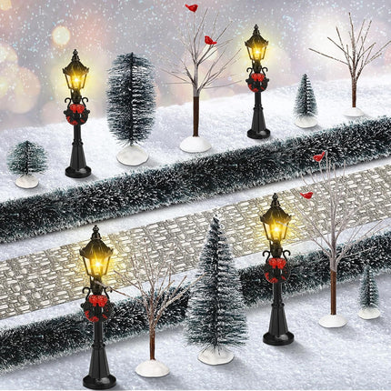 Hotop 18 Pcs Christmas Village Set Mini Snow Covered Christmas Trees Street Lights Christmas Village Accessories for Table Display Winter Decor Holiday Outdoor DIY Crafts(Joyous)