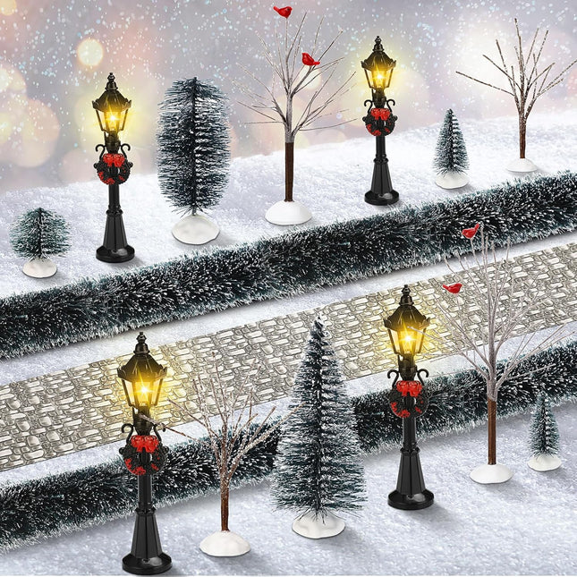 Hotop 18 Pcs Christmas Village Set Mini Snow Covered Christmas Trees Street Lights Christmas Village Accessories for Table Display Winter Decor Holiday Outdoor DIY Crafts(Joyous)