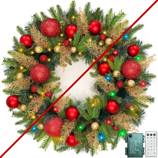 Remote Control-26 Inch Large Thick Prelit Christmas Wreath, Realistic Norfolk PE Pine 50 Warm White&Color Switch Lights Timer 12 Mode, 33 Ball Pine Needles Cypress Leaves Xmas Cedar Door Wreath Decor