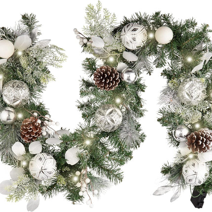 Valery Madelyn 6 feet Pre-Lit Christmas Garland with Lights for Mantle, Lighted Battery Operated Xmas Garland with Silver White Balls for Front Door Fireplace Table Centerpiece Outdoor Home Decoration
