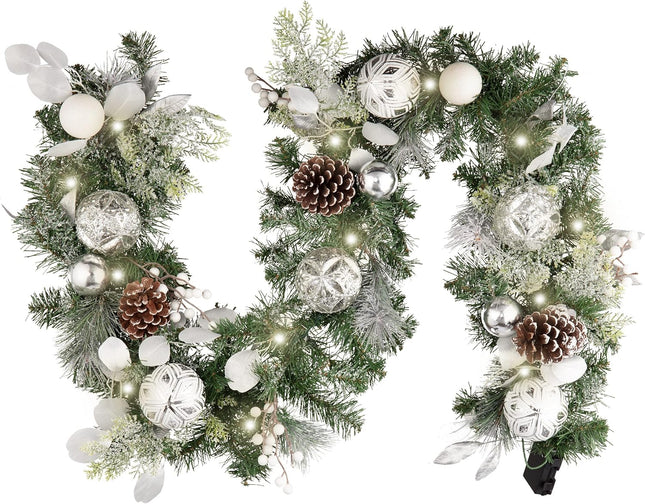 Valery Madelyn 6 feet Pre-Lit Christmas Garland with Lights for Mantle, Lighted Battery Operated Xmas Garland with Silver White Balls for Front Door Fireplace Table Centerpiece Outdoor Home Decoration