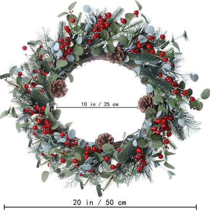 Christmas Wreath-20In Christmas Wreaths for Front Door Winter Wreath with Pine Needles Pine Cones and Red Berries for Winter and Christmas Decor
