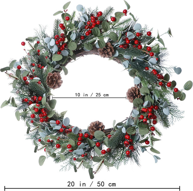 Christmas Wreath-20In Christmas Wreaths for Front Door Winter Wreath with Pine Needles Pine Cones and Red Berries for Winter and Christmas Decor