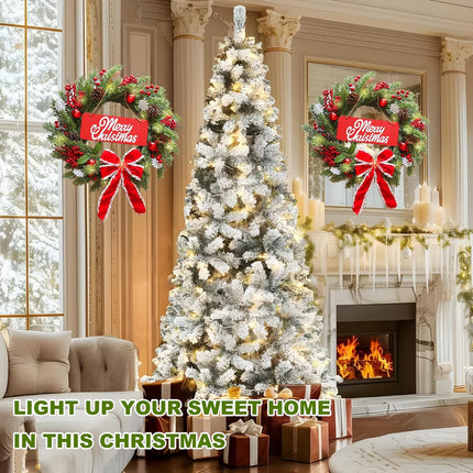 Pre-Lit Artificial Christmas Wreath，BEHONA 21 inch Christmas Snowflake Decorations Wreath Artificial with Lights, Ribbons, Pine Cones for Outdoor Indoor Window Mantle Christmas Decorations