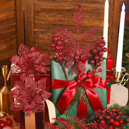 24 Pcs Artificial Glitter Christmas Tree Picks, Boxed 12 Poinsettia Flowers+ 6 Berry Stems+ 6 Flowers Berry Leaves Decorations Set, Indoor Outdoor Holiday Ornaments Decor, Red