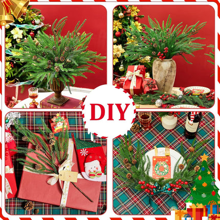 Serwalin 23.6“ Artificial Pine Branches, 12PCS Real Touch Norfolk Pine Branches with Pine Cones, Faux Christmas Greenary Picks for Xmas DIY Crafts Wreath Indoor Outdoor Home Decor