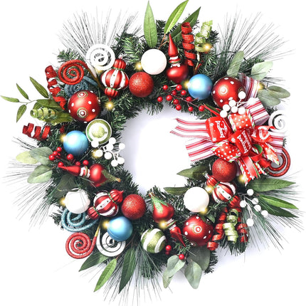Valery Madelyn 24 Inch Pre-Lit Christmas Wreath for Front Door with Lights, Large Lighted Christmas Wreath with Elf Red Green Xmas Balls for Fireplace Window Outdoor Table Centerpiece Home Decoration