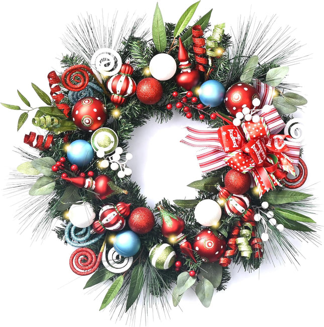 Valery Madelyn 24 Inch Pre-Lit Christmas Wreath for Front Door with Lights, Large Lighted Christmas Wreath with Elf Red Green Xmas Balls for Fireplace Window Outdoor Table Centerpiece Home Decoration
