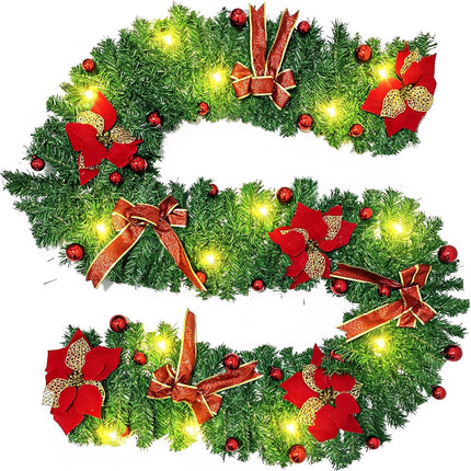 9ft Pre-lit Christmas Garland with Lights,Christmas Garlands for Stairs Railing,Pine Garland with Red Bows and Flowers,Christmas Decoration,Fireplace