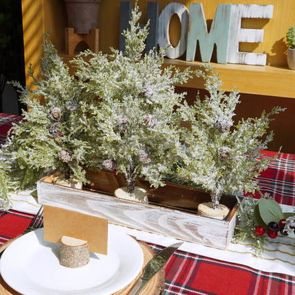 Winlyn 3 Pack Snowy Mini Cedar Trees with Pinecones and Wood Bases Artificial Small Christmas Tabletop Trees and Rustic Wood Planter for Winter Holiday Christmas Mantel Farmhouse Table Centerpiece