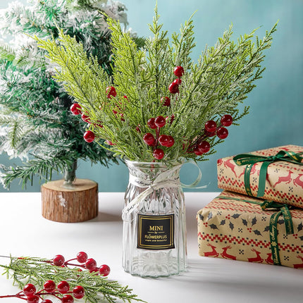30 Pcs/Set Christmas 3D Artificial Pine Branches- 12.5 Inch Faux Evergreen Cedar Sprigs Branches- Fake Foliage Pine Needles Picks with Artificial Red Berry Stems for DIY Christmas Decoration