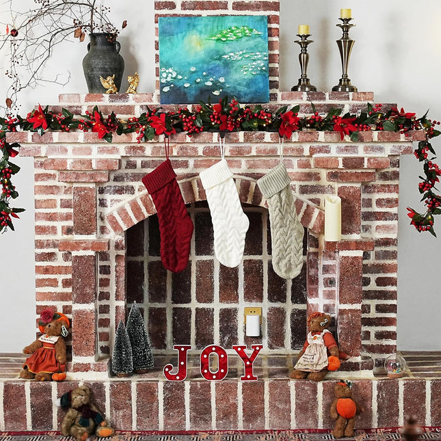 Christmas Garland with Lights Indoor Christmas Decorations Pre-Lit Artificial Christmas Garland for Christmas Tree Fireplace Staircase 6FT Poinsettias Holly Leaves Red Berries