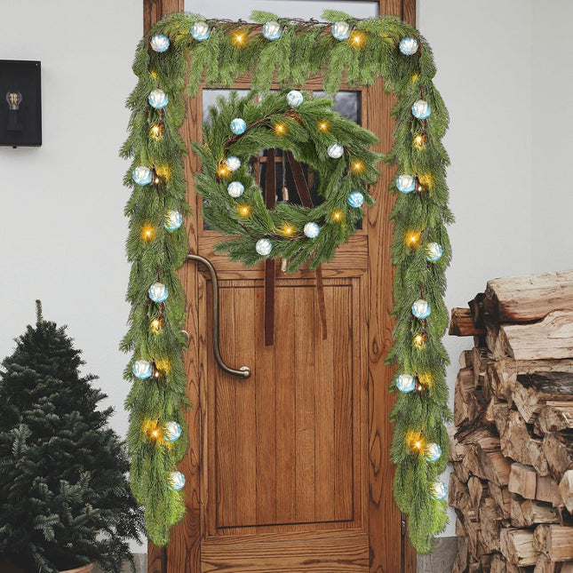 Ceenna 6.2FT Pre Lit Christmas Cedar Garland with Lights Artificial Pine Garland Christmas Decorations with Ball Ornaments,8 Modes Timer Battery Operated for Outdoor Indoor(Light Blue)