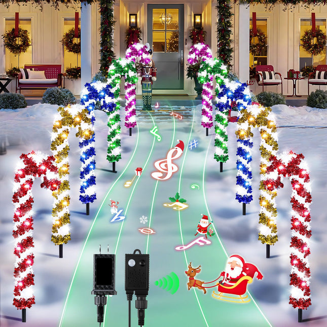 Enhon 10 Pack Christmas Candy Cane Lights with Stakes, Tinsel Christmas Candy Cane Pathway Markers Lights with 5 Modes Sync Music & Timer for Xmas Walkway Yard Lawn Outdoor Decorations(Multicolor)