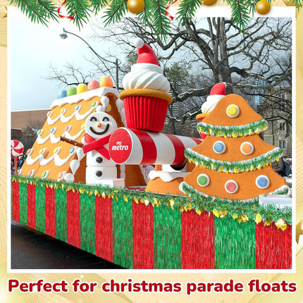 Crowye 10 Pcs Large Christmas Parade Float Decorations with Foil Fringe Garland Set Include 9.02 x 2.46 ft Red Green with Gold Table Skirts 6.56 x 0.3 ft Tinsel Garland for Christmas Party Car