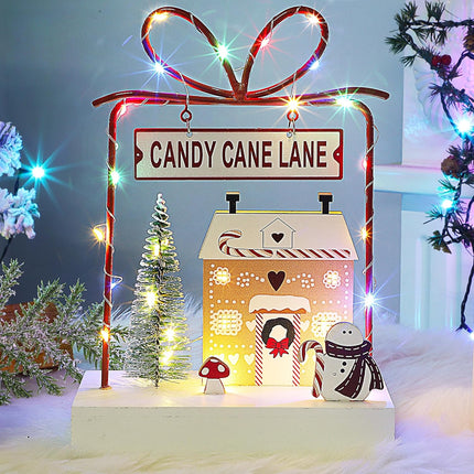 Lulu Home Christmas Tabletop Decoration, Wooden Pre-lit Xmas Candy Cane Lane Ornament with Metal Frame, Battery Operated LED Light Up Holiday Sign for Indoor Mantel Shelf Decor