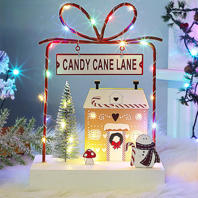 Lulu Home Christmas Tabletop Decoration, Wooden Pre-lit Xmas Candy Cane Lane Ornament with Metal Frame, Battery Operated LED Light Up Holiday Sign for Indoor Mantel Shelf Decor