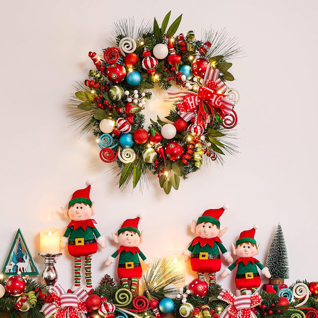 Valery Madelyn 24 Inch Pre-Lit Christmas Wreath for Front Door with Lights, Large Lighted Christmas Wreath with Elf Red Green Xmas Balls for Fireplace Window Outdoor Table Centerpiece Home Decoration