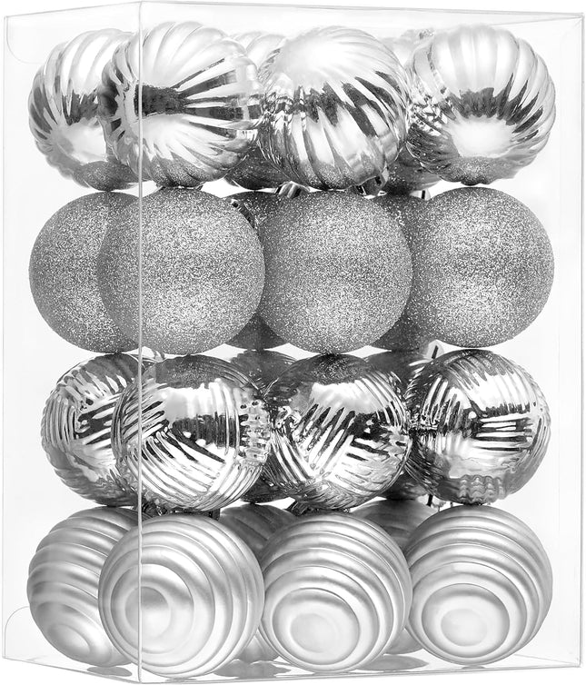 Valery Madelyn 1.6" Christmas Ornaments Tree Decorations for Fall Halloween Decor, 24ct Silver Shatterproof Christmas Ball Ornament Set, Hanging Ornament Bulk for Xmas Holiday Party Decor