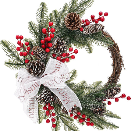 Cedar Christmas Wreaths with Red Berry - 15 Inch Winter Norfolk Pine Wreath with Bow, Pine Cones, Grapevine for Xmas Holiday Home Front Door Indoor Wall Decorations
